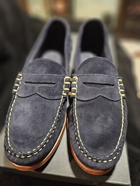 Allen Edmonds Navy Suede Penny Loafers with Contrasting Stitch